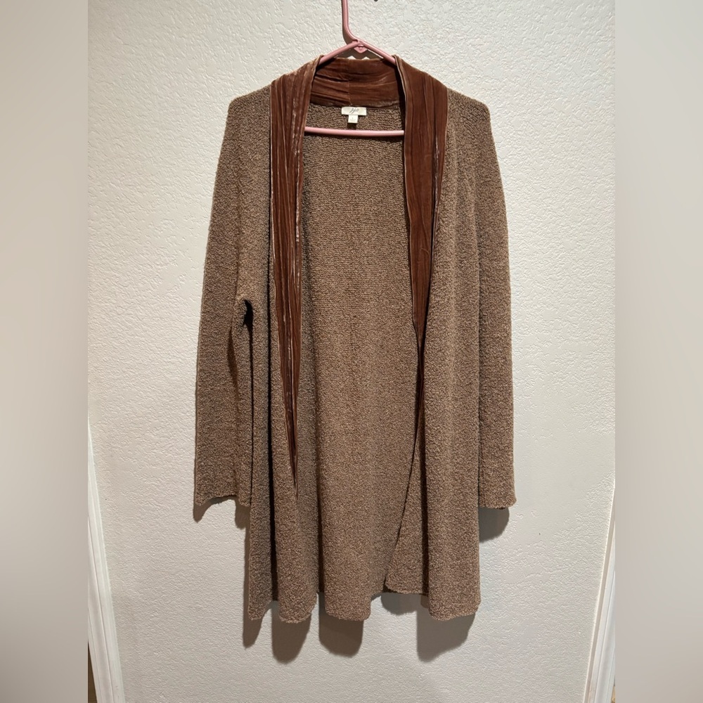 J. Jill Large Brown Merino Wool Silk Velvet Trim Duster Knit Cardigan Sweater